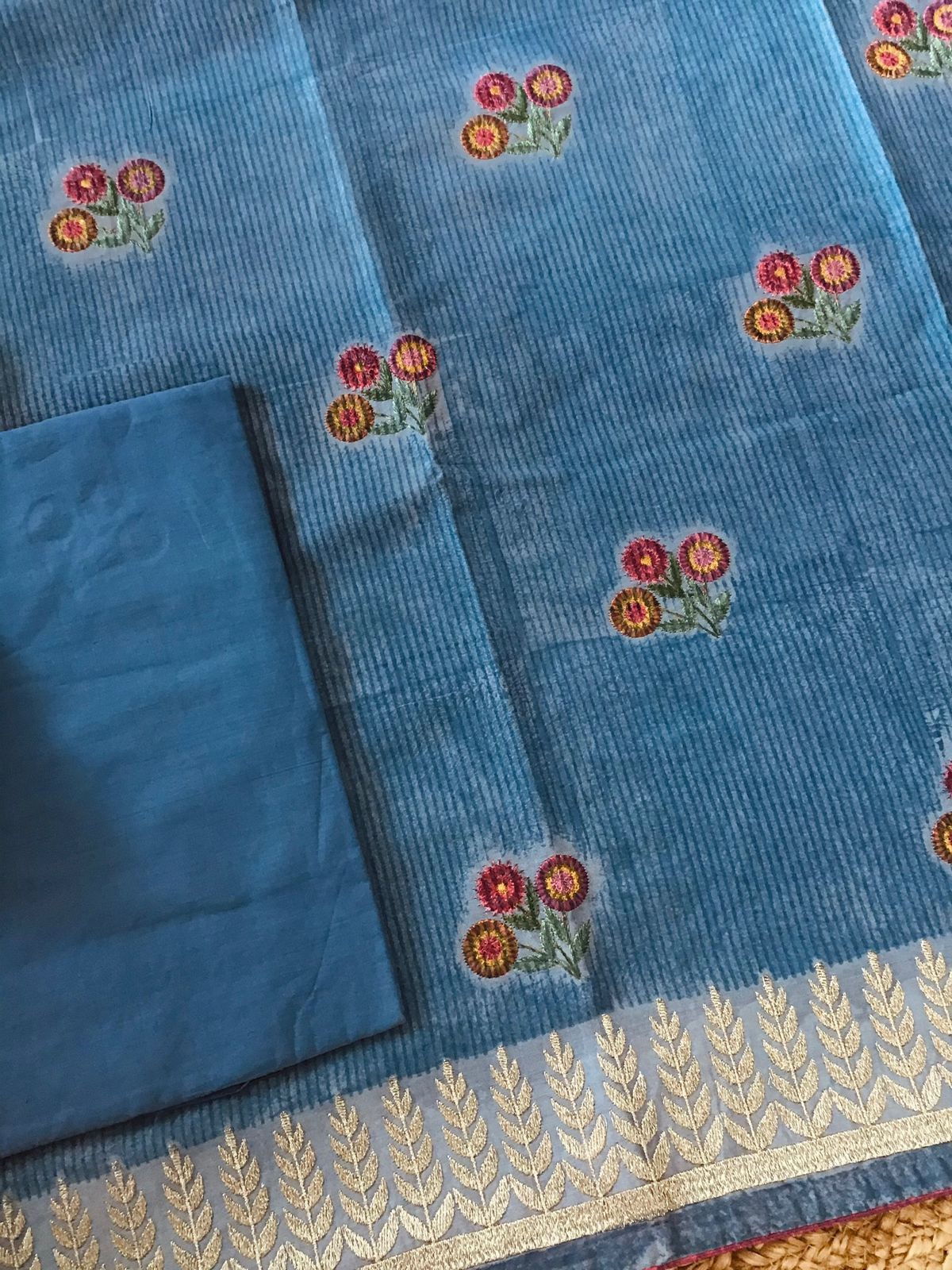 Pure Chanderi Printed Embroidered Suit - Blue