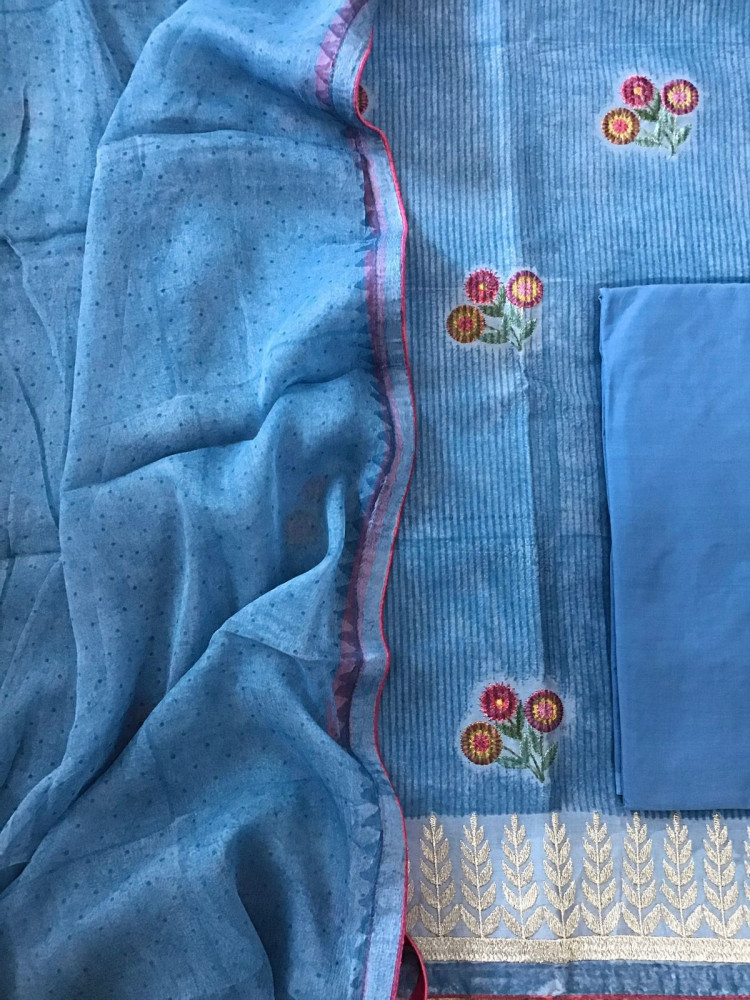 Image of Pure Chanderi Printed Embroidered Suit - Blue