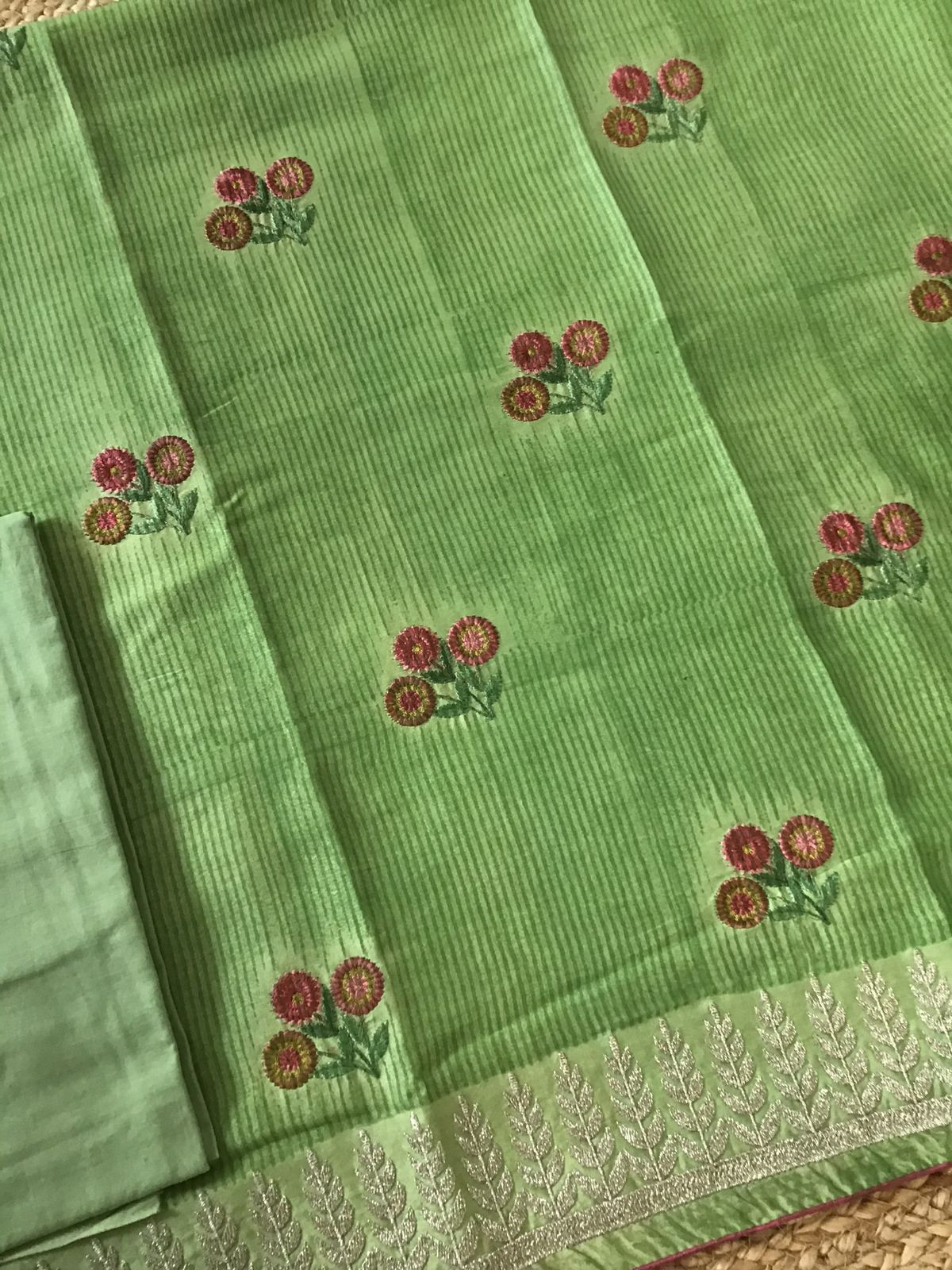 Pure Chanderi Printed Embroidered Suit - Green