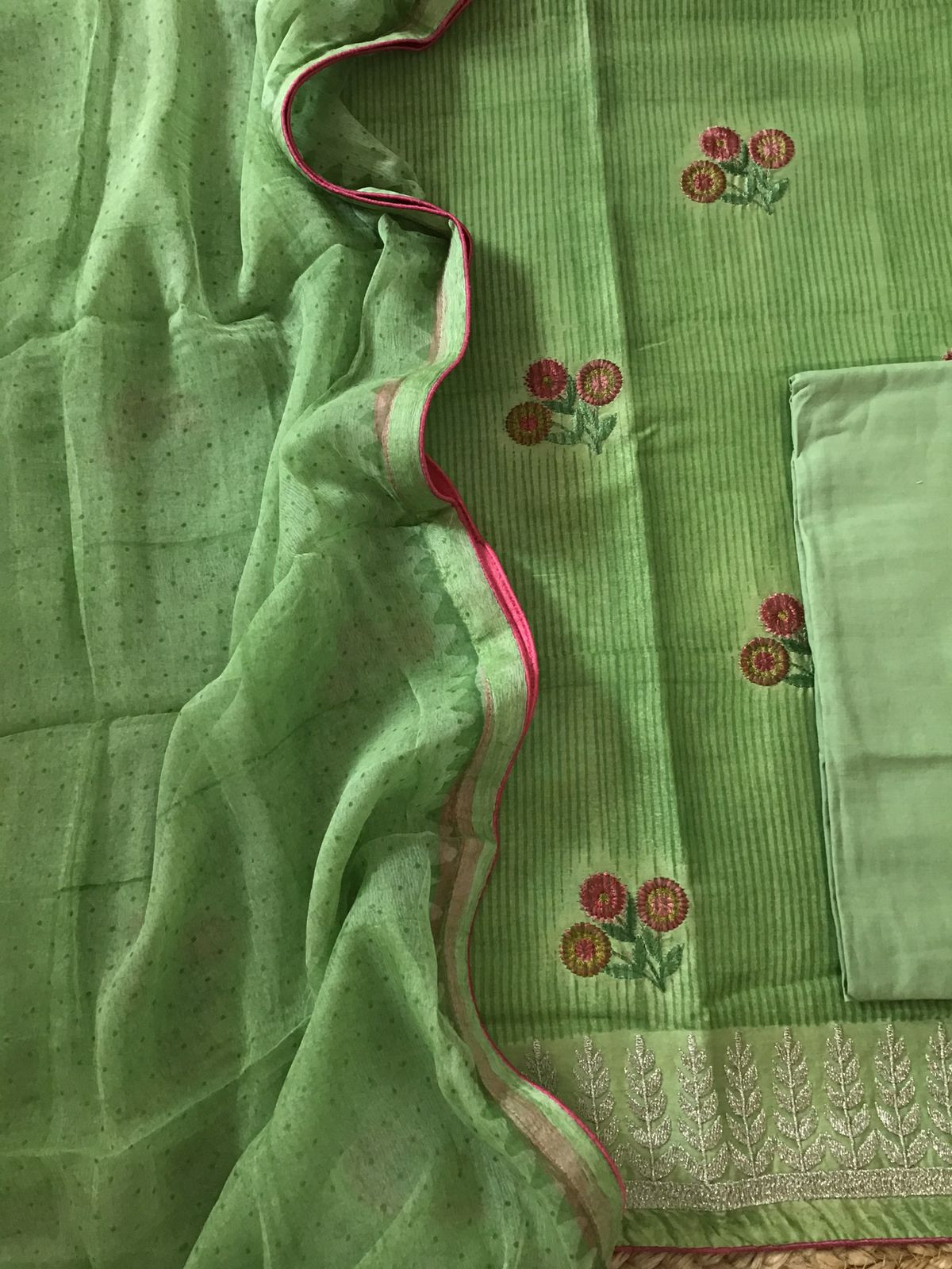 Pure Chanderi Printed Embroidered Suit - Green