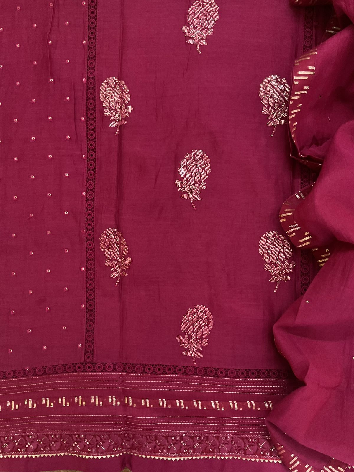 Pure Mul Chanderi Embroidered Suit - Maroon