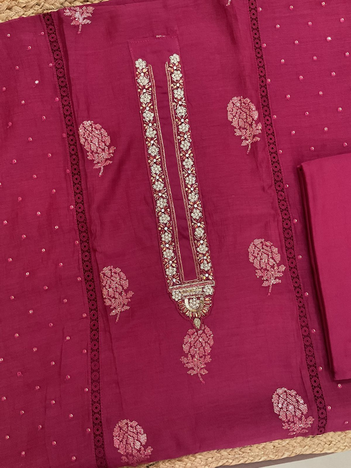 Pure Mul Chanderi Embroidered Suit - Maroon