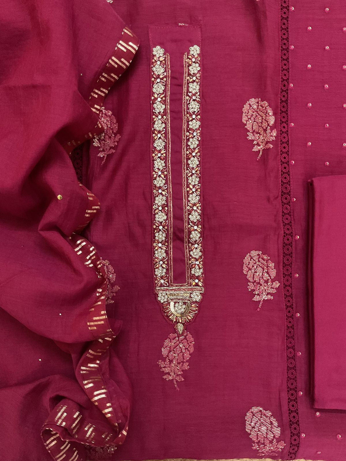 Pure Mul Chanderi Embroidered Suit - Maroon