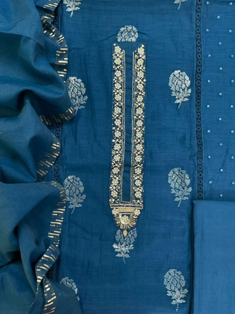 Image of Pure Mul Chanderi Embroidered Suit - Blue