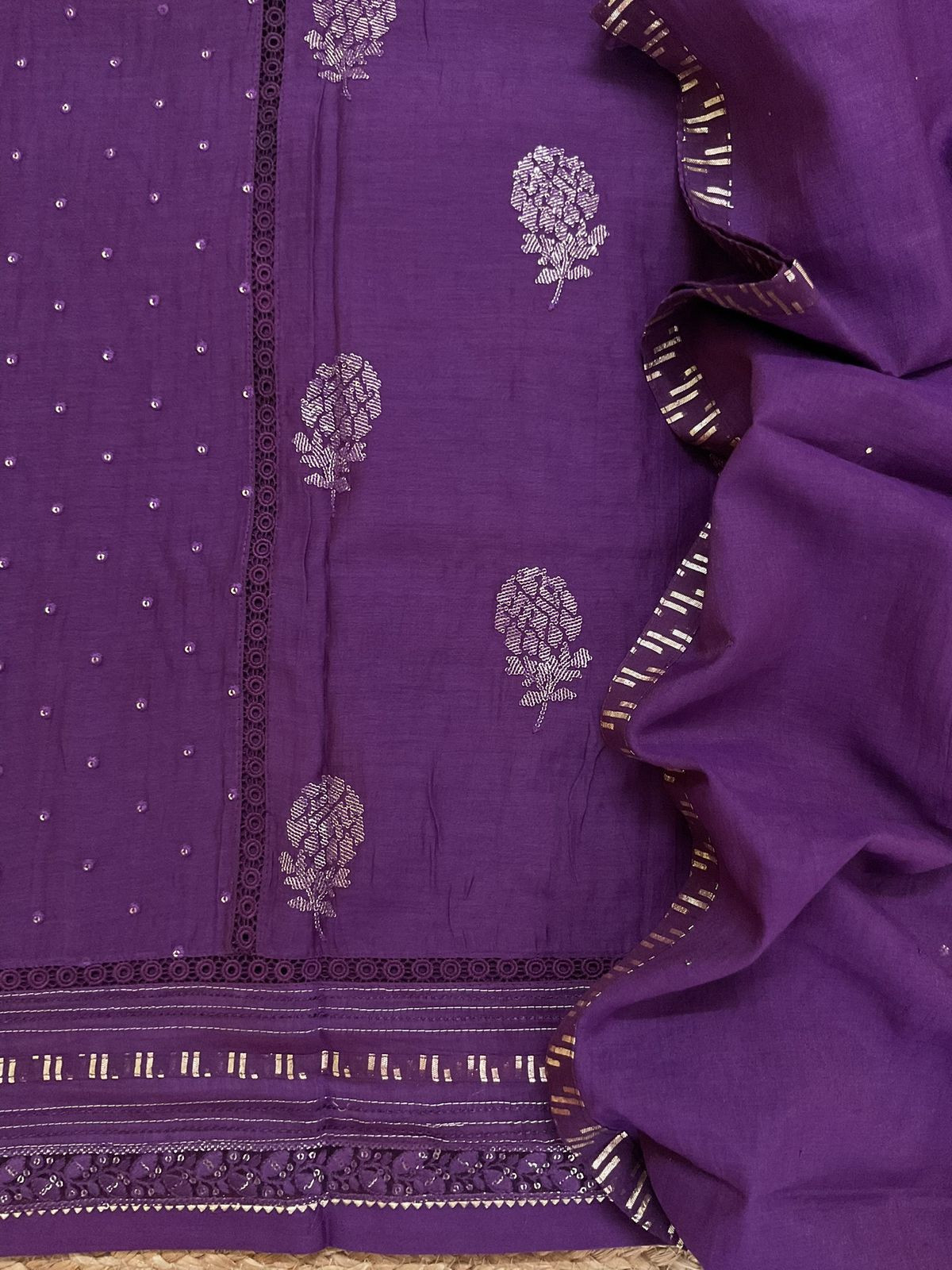 Pure Mul Chanderi Embroidered Suit - Violet