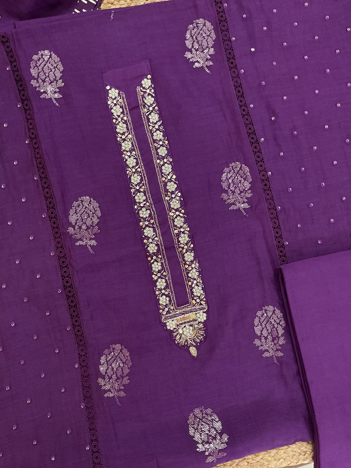 Pure Mul Chanderi Embroidered Suit - Violet