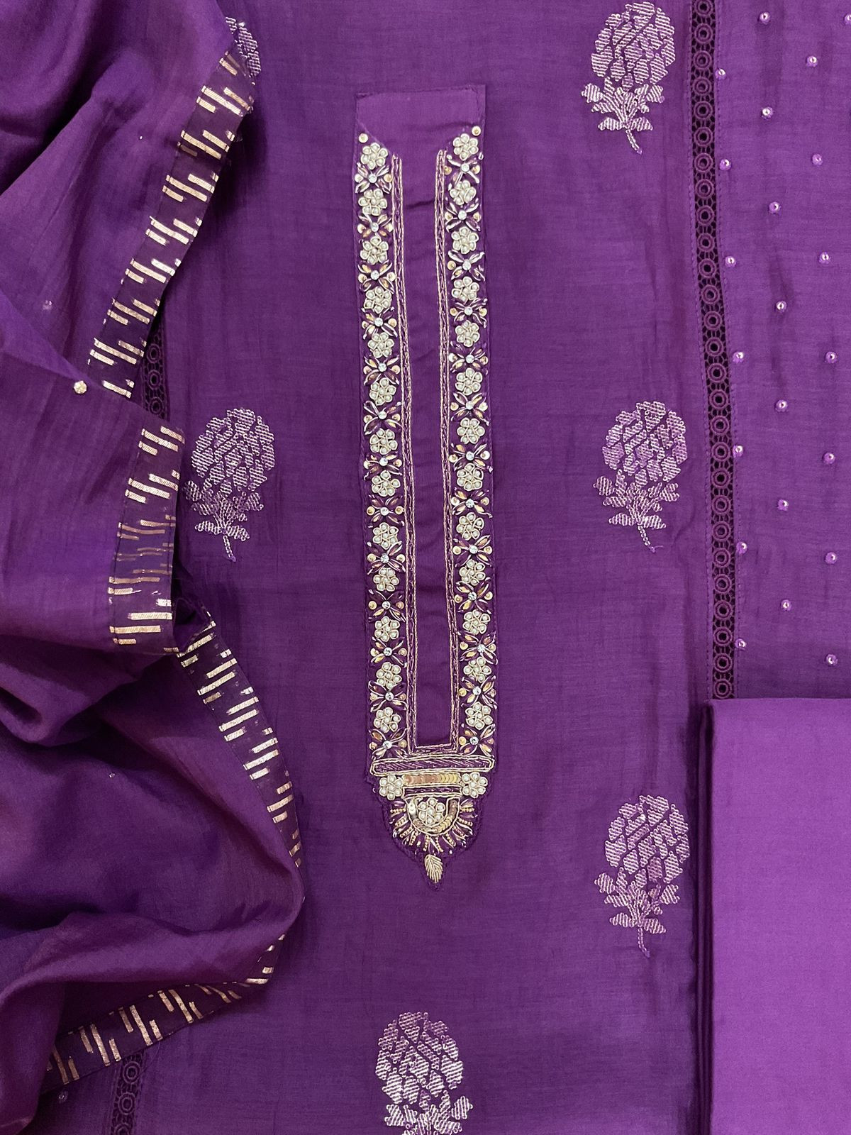 Pure Mul Chanderi Embroidered Suit - Violet