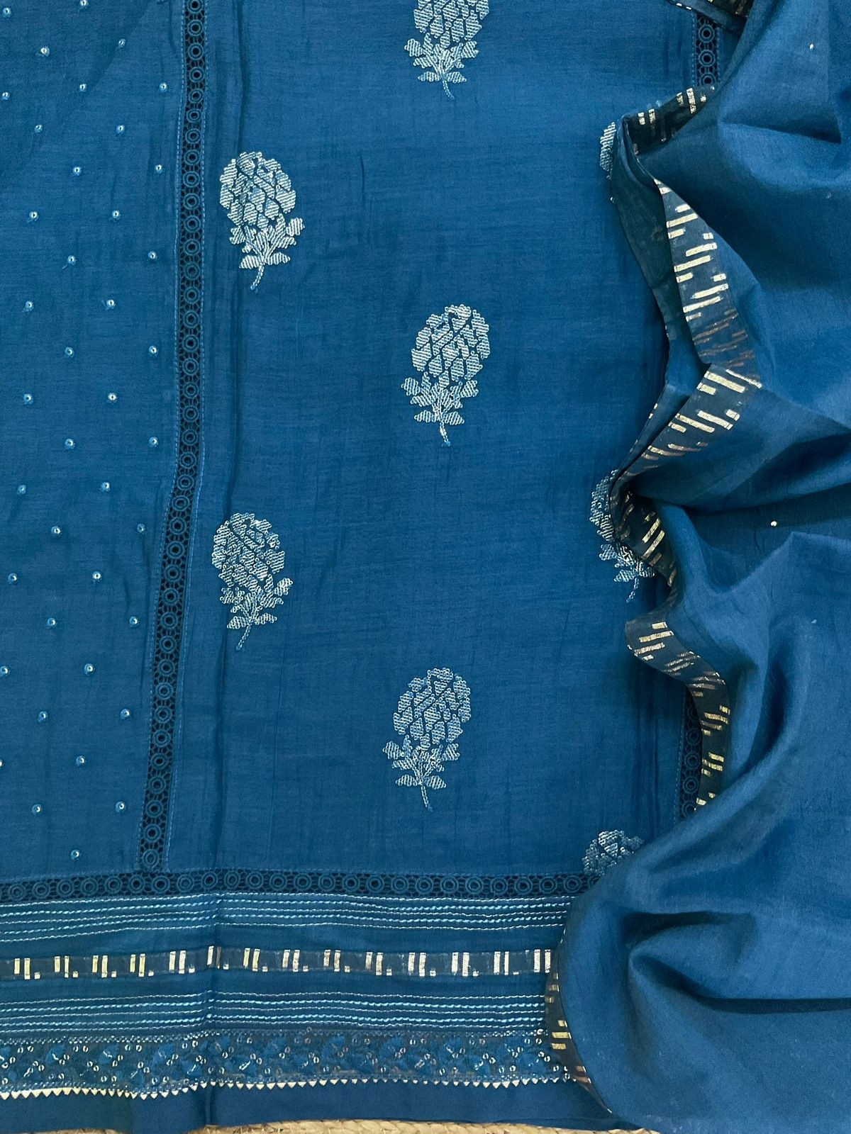 Pure Mul Chanderi Embroidered Suit - Blue