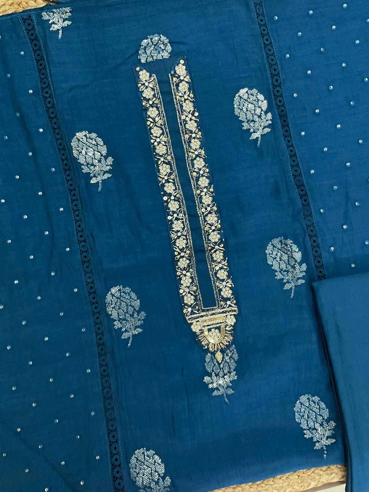 Pure Mul Chanderi Embroidered Suit - Blue