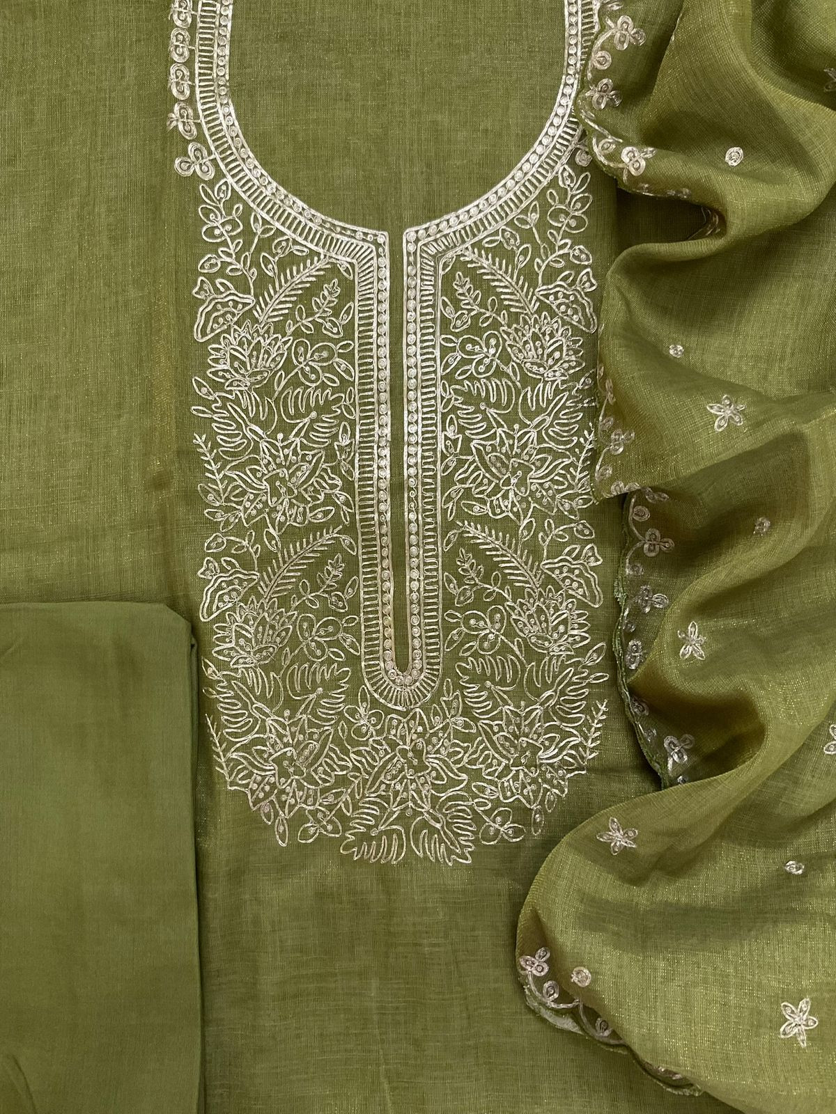 Soft Tissue Slub Cotton Embroidered Suit - Green