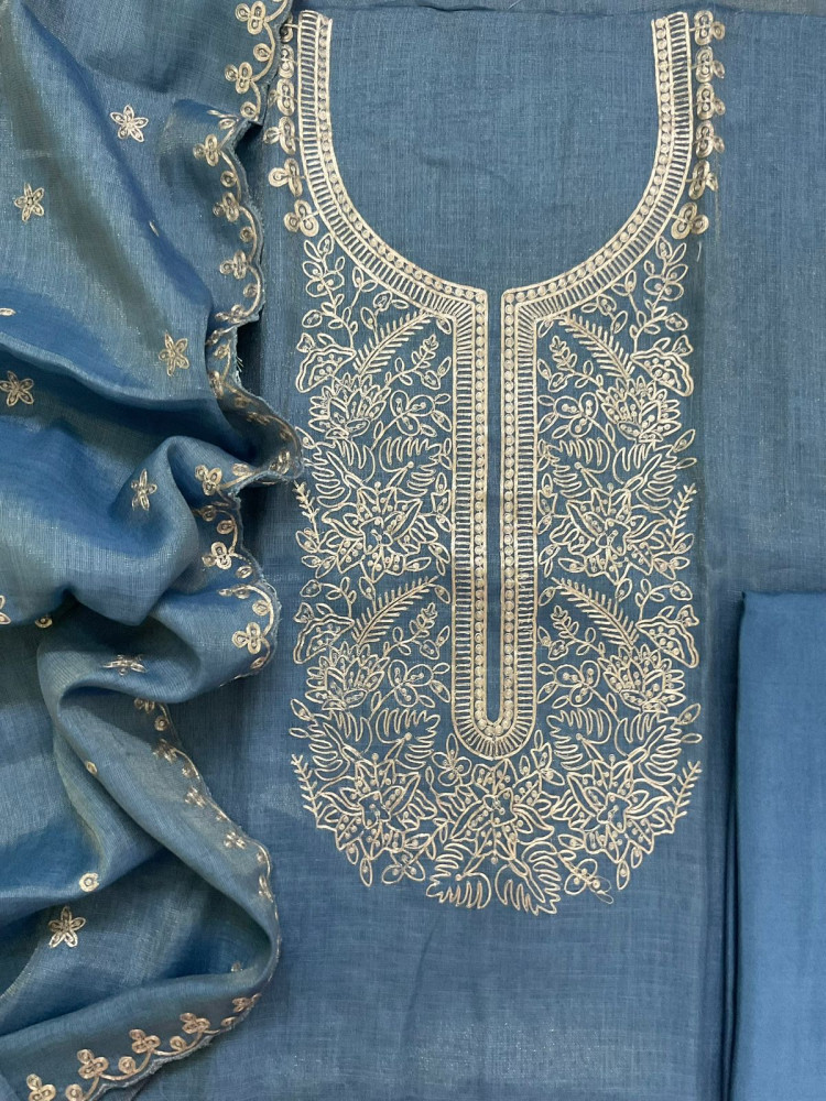 Image of Soft Tissue Slub Cotton Embroidered Suit - Blue