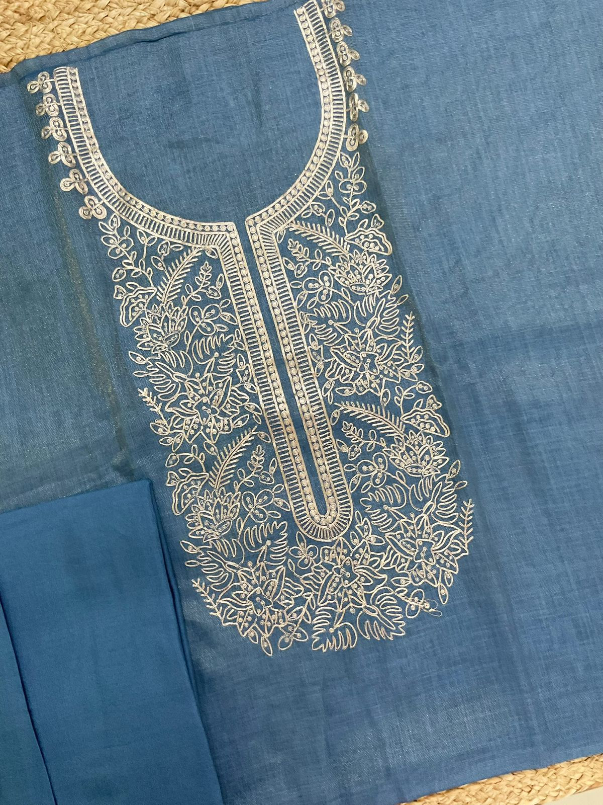 Soft Tissue Slub Cotton Embroidered Suit - Blue