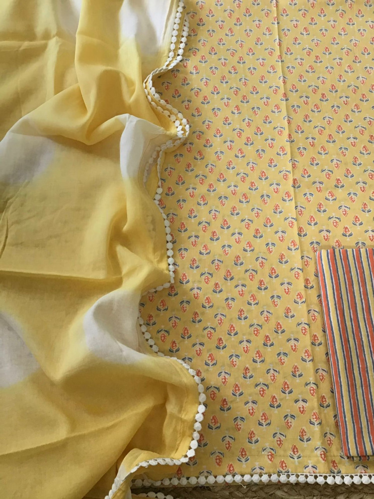 Image of Pure Cotton Printed Suit - Yellow