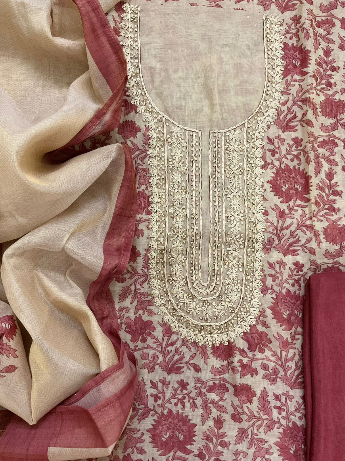 Soft Tissue Slub Cotton Printed Embroidered Suit - Beige