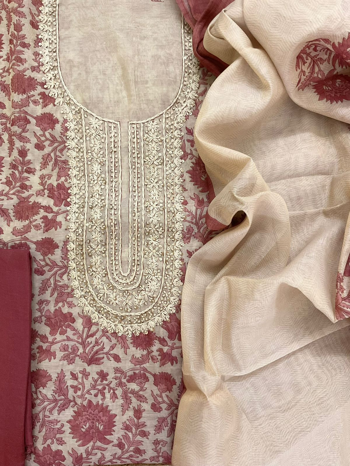 Soft Tissue Slub Cotton Printed Embroidered Suit - Beige