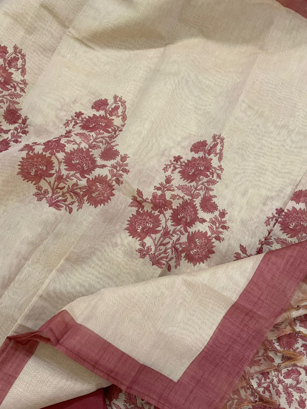 Soft Tissue Slub Cotton Printed Embroidered Suit - Beige