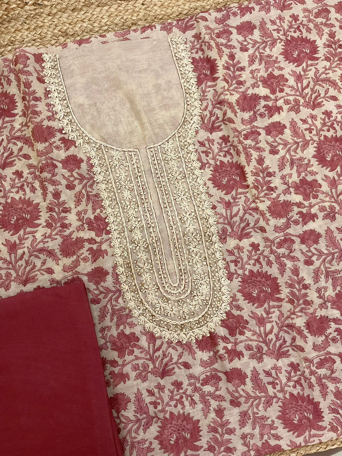 Soft Tissue Slub Cotton Printed Embroidered Suit - Beige