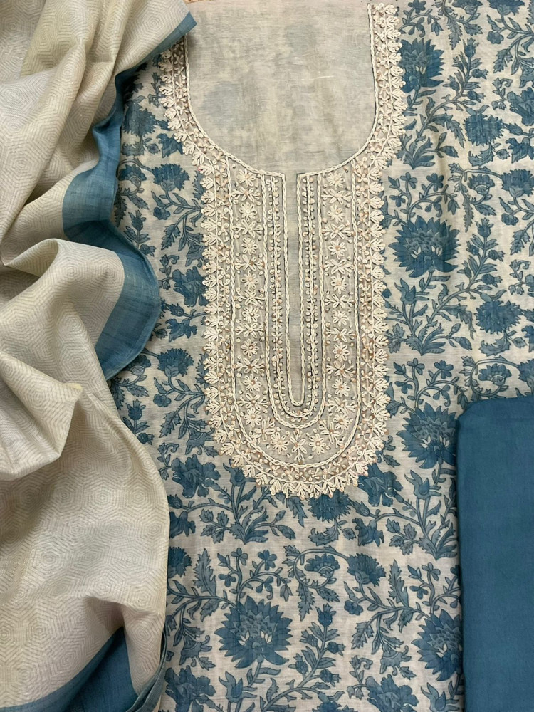 Image of Soft Tissue Slub Cotton Printed Embroidered Suit - Beige