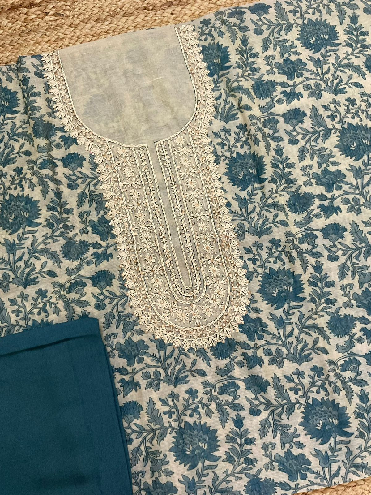 Soft Tissue Slub Cotton Printed Embroidered Suit - Beige