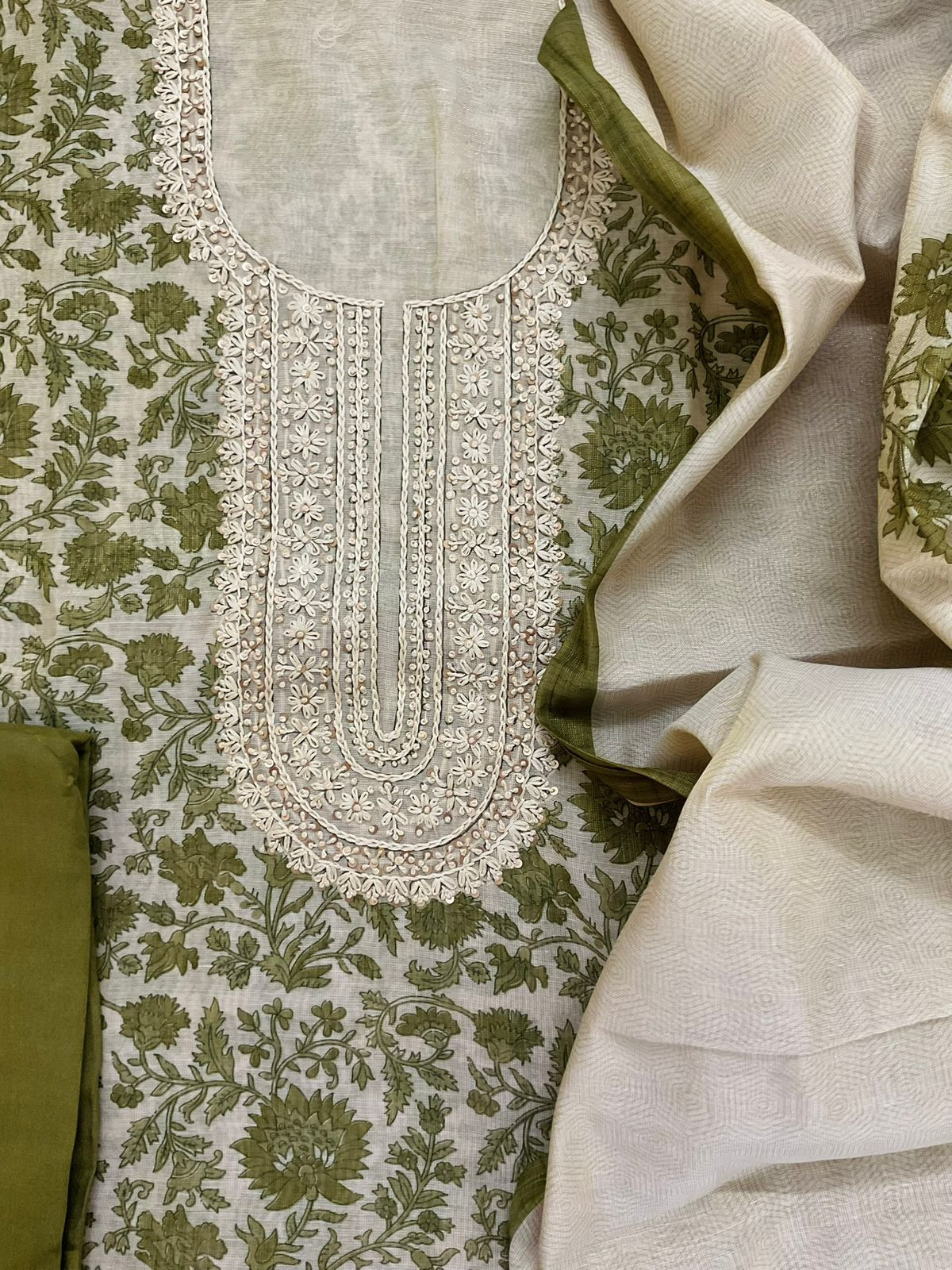 Soft Tissue Slub Cotton Printed Embroidered Suit - Beige