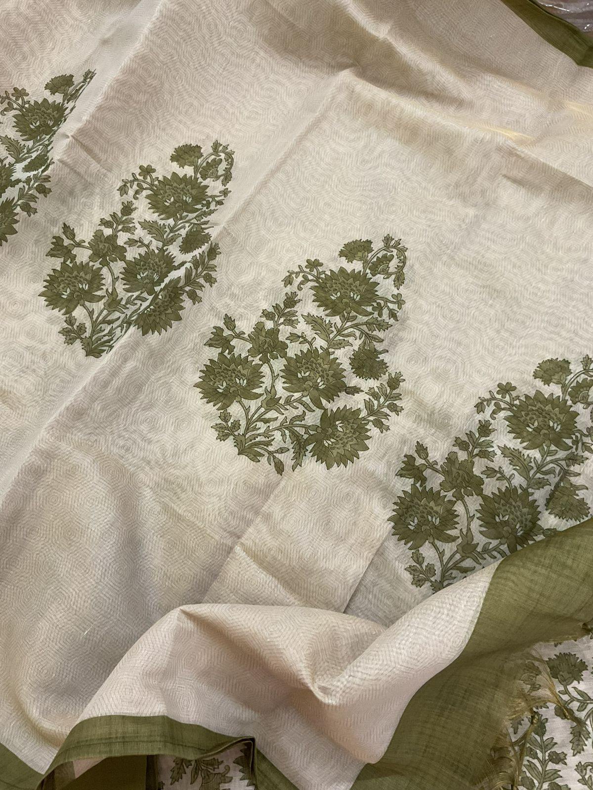 Soft Tissue Slub Cotton Printed Embroidered Suit - Beige