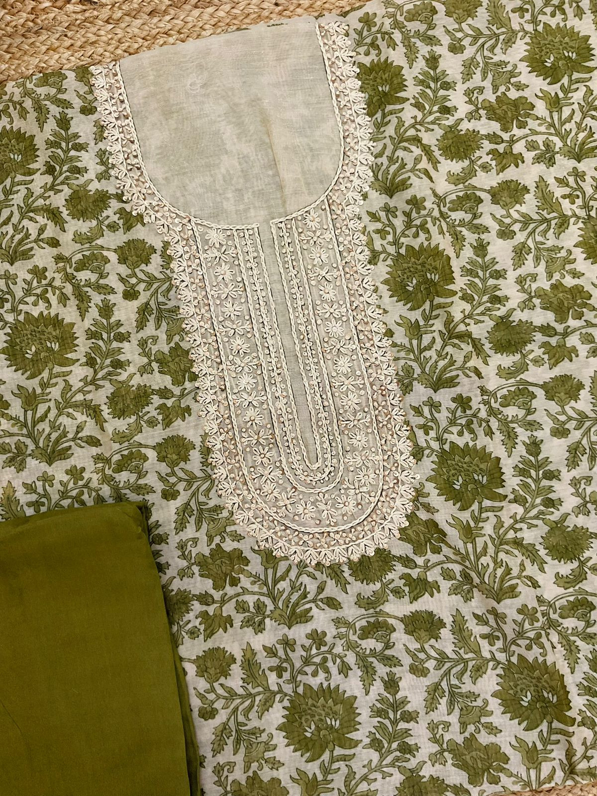 Soft Tissue Slub Cotton Printed Embroidered Suit - Beige