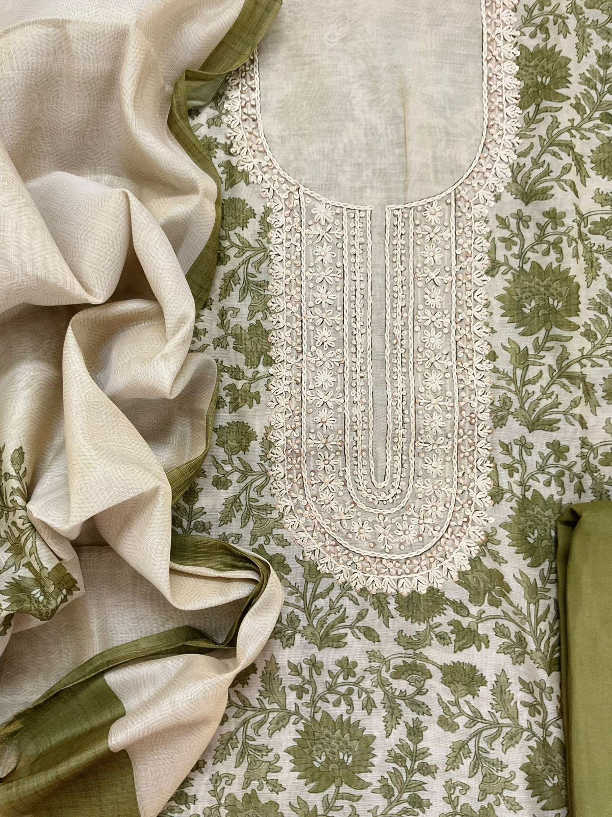 Soft Tissue Slub Cotton Printed Embroidered Suit - Beige