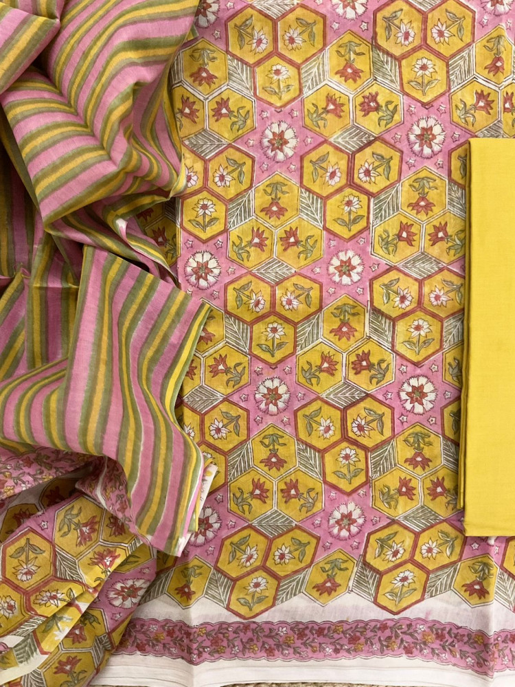 Image of Pure Chanderi Block Printed Suit - Yellow