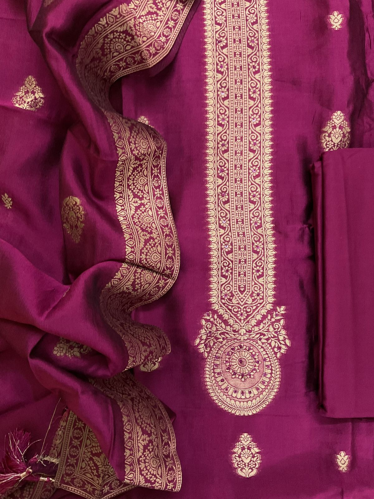 Soft Dola Silk Banarasi Weaved Embroidered Suit - Wine