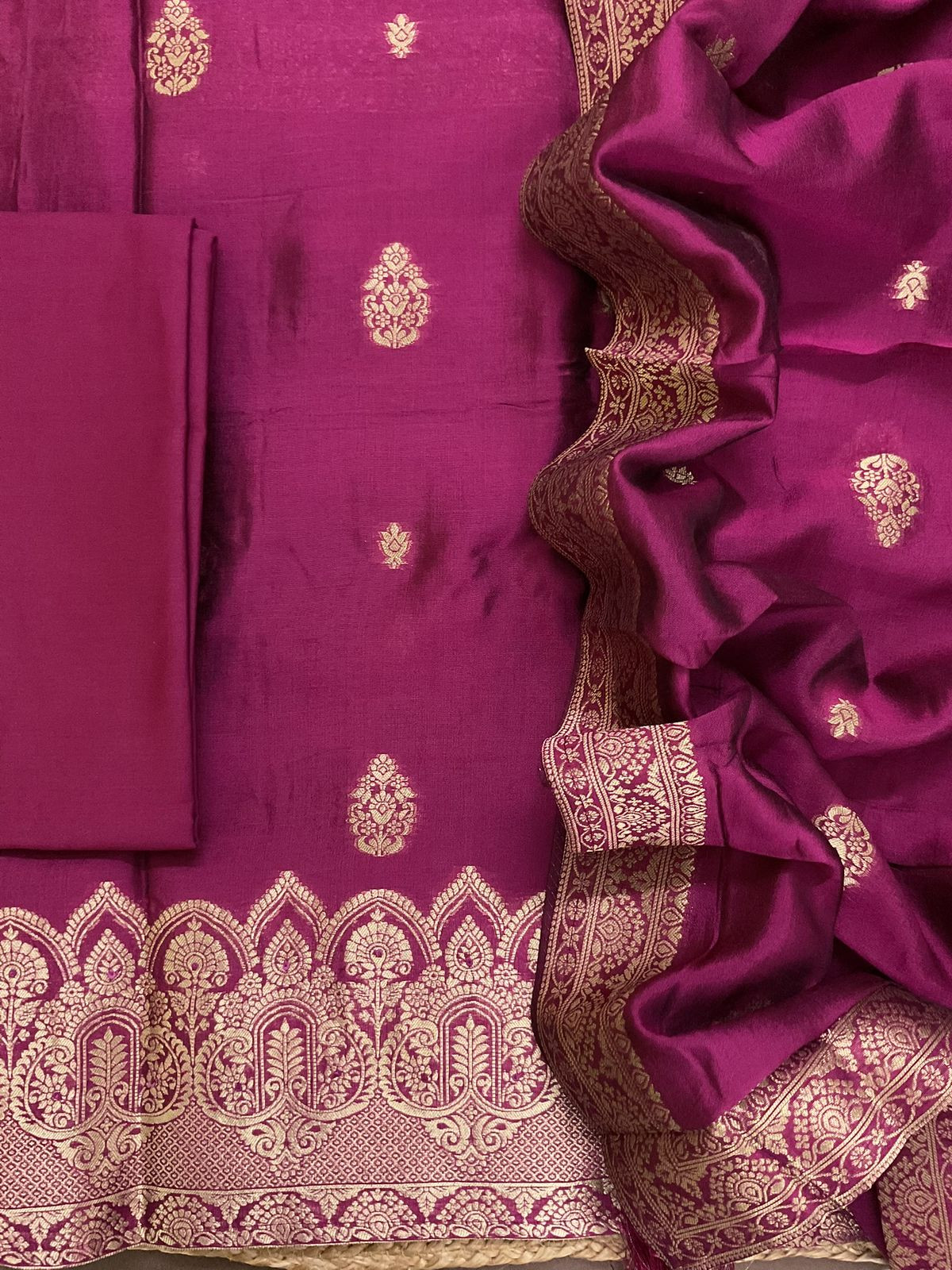 Soft Dola Silk Banarasi Weaved Embroidered Suit - Wine