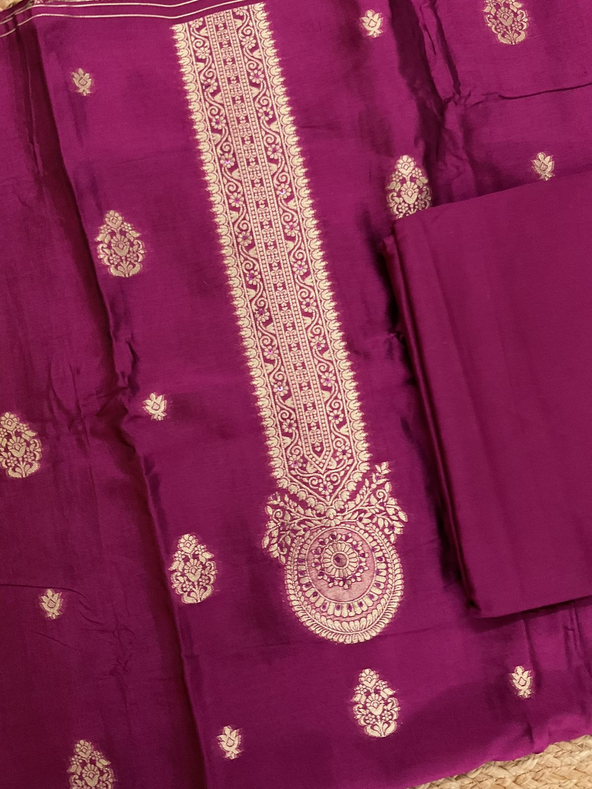 Soft Dola Silk Banarasi Weaved Embroidered Suit - Wine