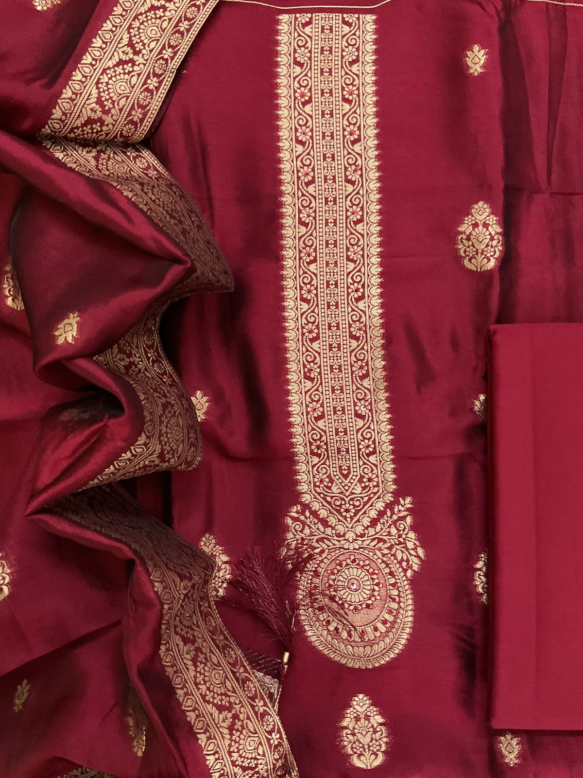 Soft Dola Silk Banarasi Weaved Embroidered Suit - Maroon