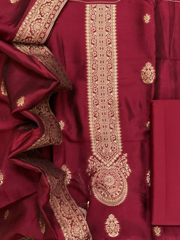 Image of Soft Dola Silk Banarasi Weaved Embroidered Suit - Maroon