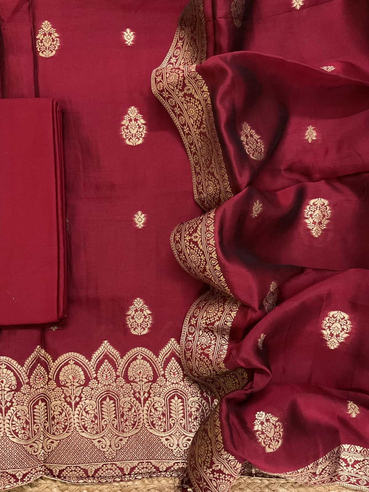 Soft Dola Silk Banarasi Weaved Embroidered Suit - Maroon