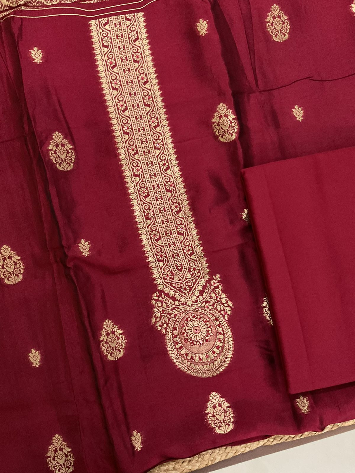 Soft Dola Silk Banarasi Weaved Embroidered Suit - Maroon