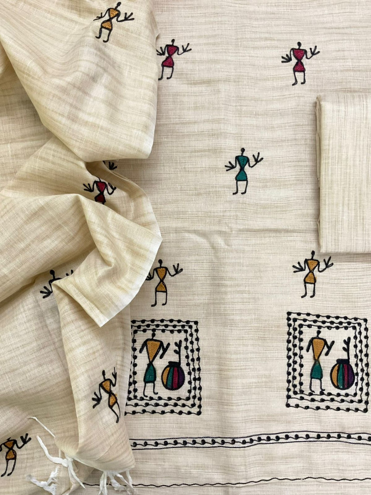 Image of Soft Khadi Silk Embroidered Suit - Beige
