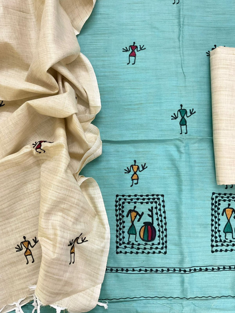 Image of Soft Khadi Silk Embroidered Suit - Blue