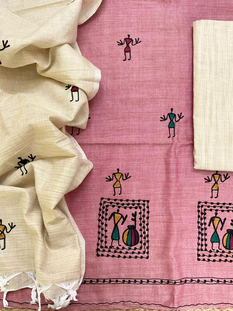 Image of Soft Khadi Silk Embroidered Suit - Pink