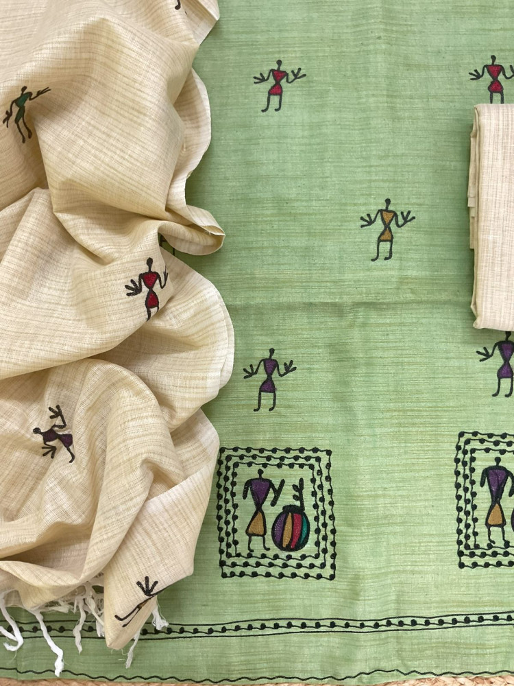 Image of Soft Khadi Silk Embroidered Suit - Green