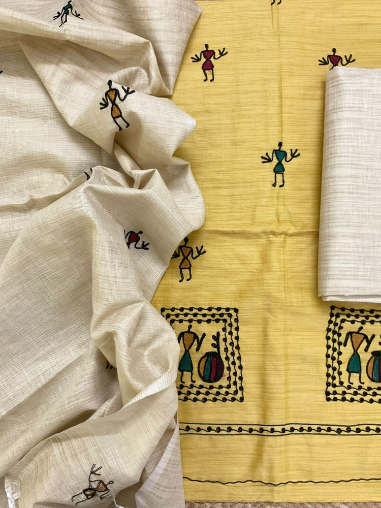Image of Soft Khadi Silk Embroidered Suit - Yellow