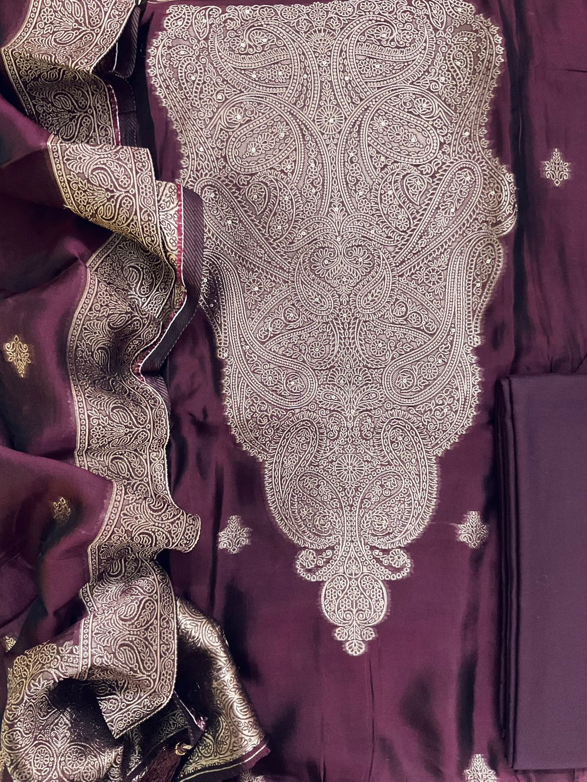 Soft Dola Silk Banarasi Weaved Embroidered Suit - Wine