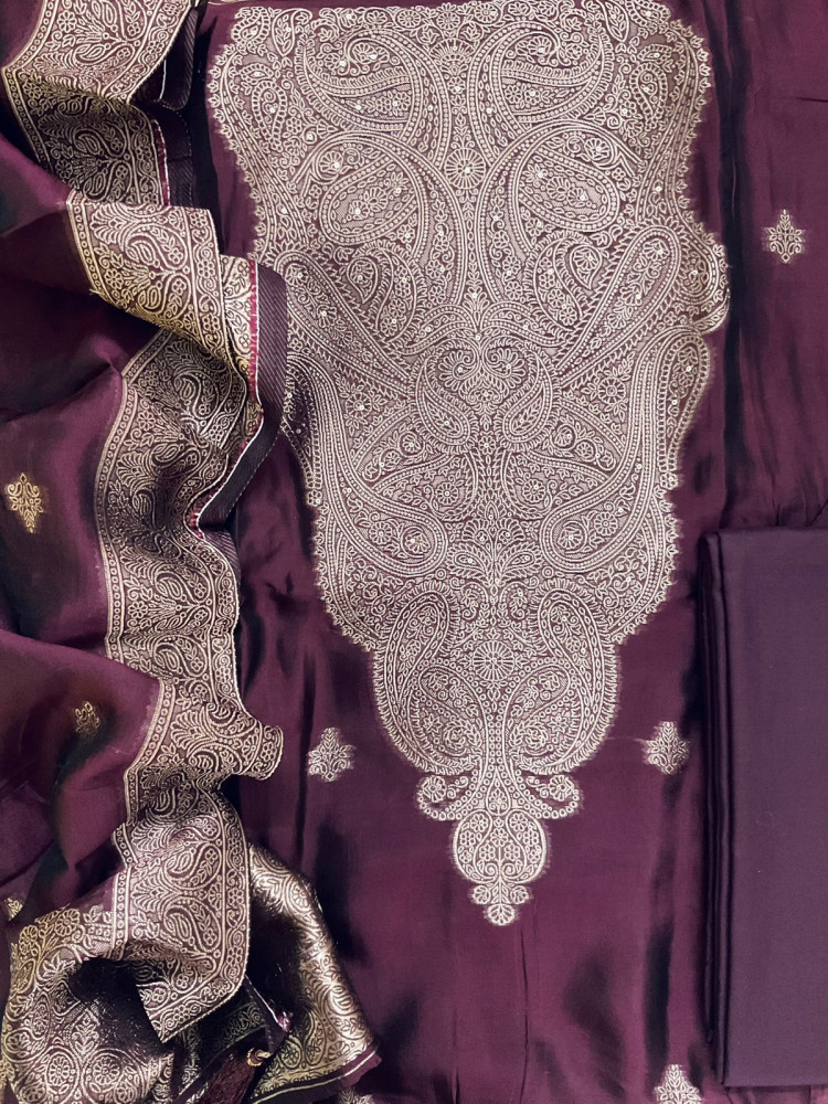 Image of Soft Dola Silk Banarasi Weaved Embroidered Suit - Wine