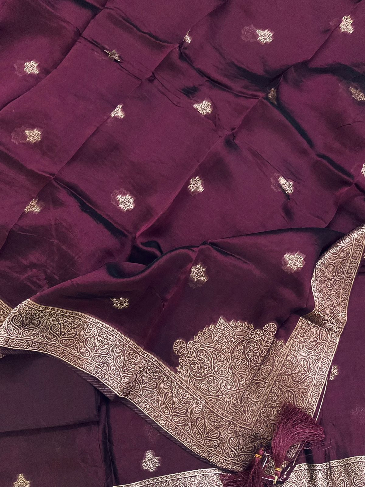 Soft Dola Silk Banarasi Weaved Embroidered Suit - Wine