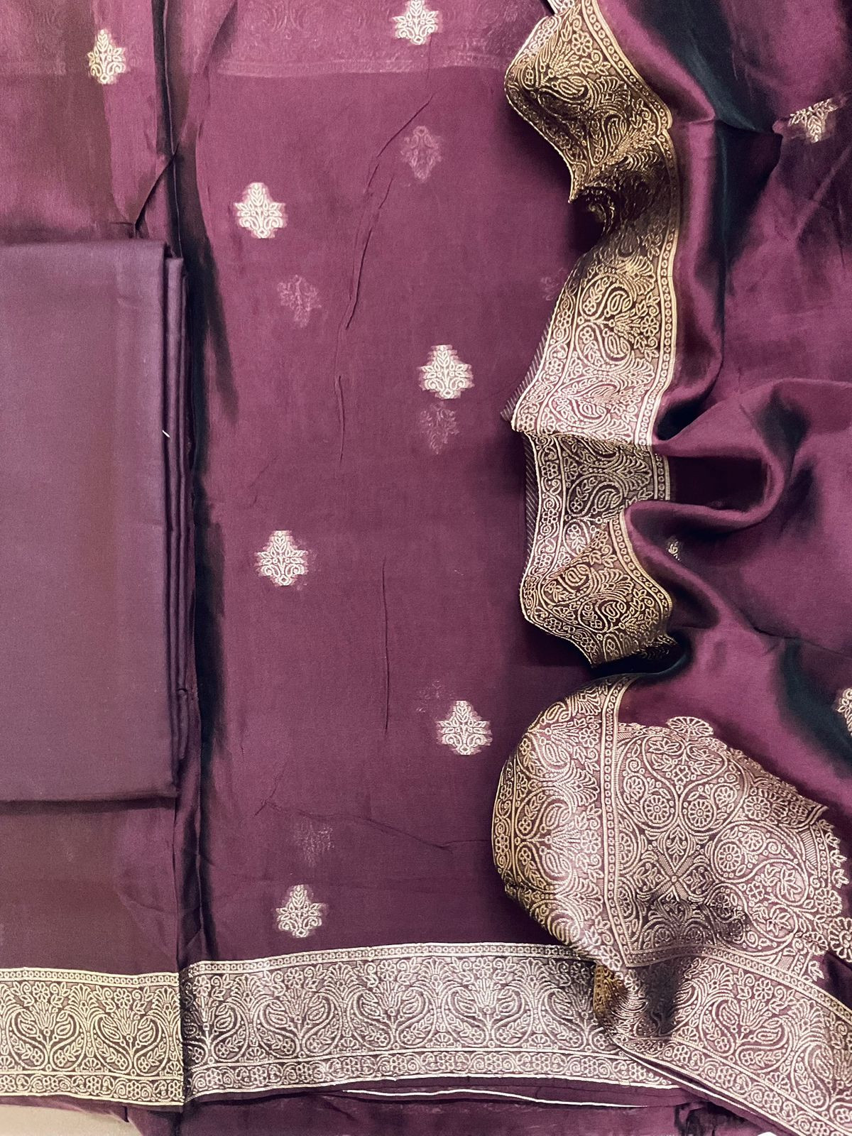 Soft Dola Silk Banarasi Weaved Embroidered Suit - Wine