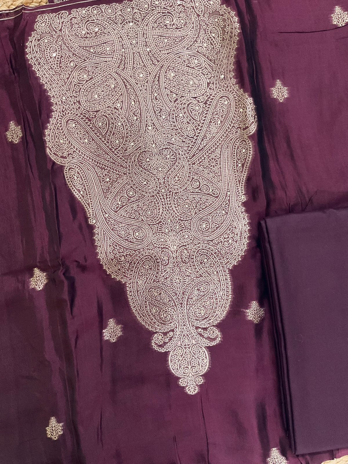 Soft Dola Silk Banarasi Weaved Embroidered Suit - Wine