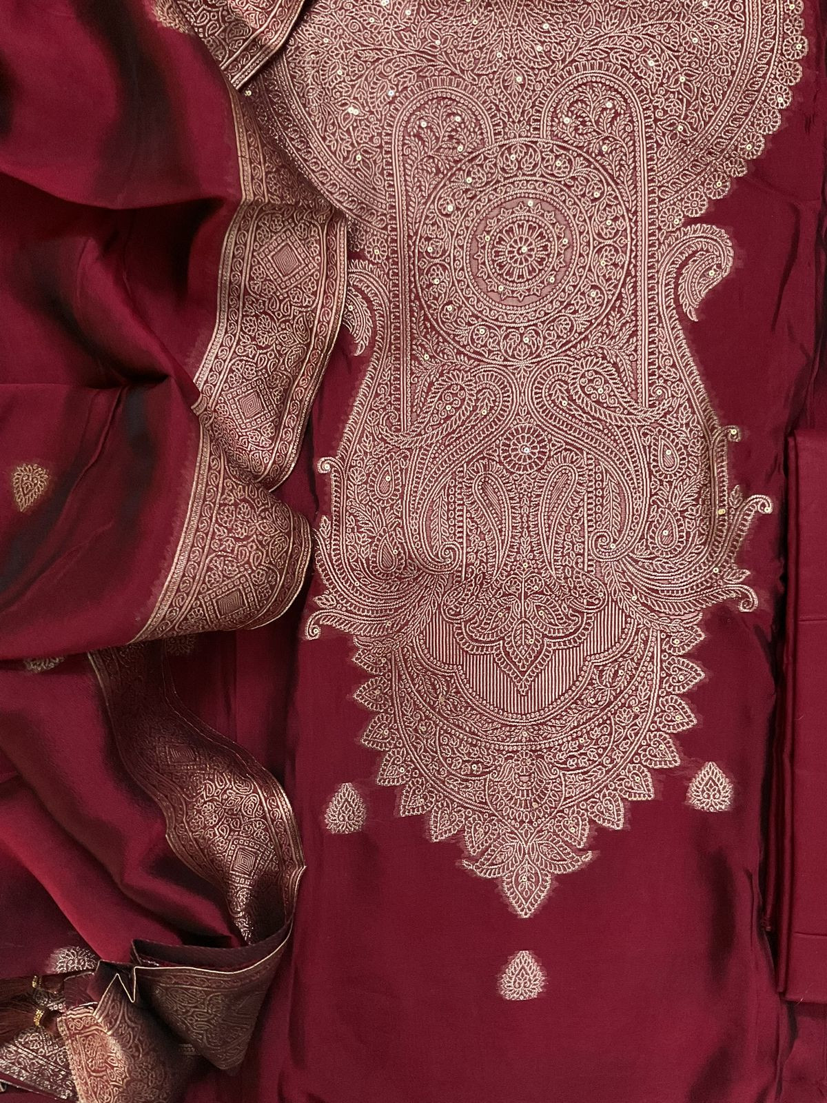 Soft Dola Silk Banarasi Weaved Embroidered Suit - Maroon