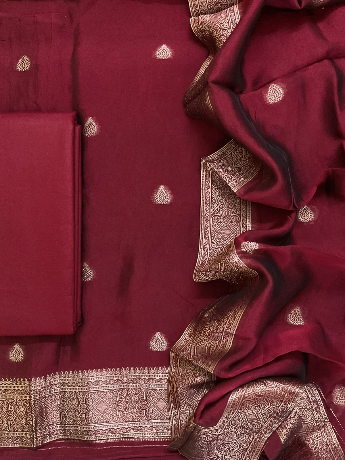 Soft Dola Silk Banarasi Weaved Embroidered Suit - Maroon