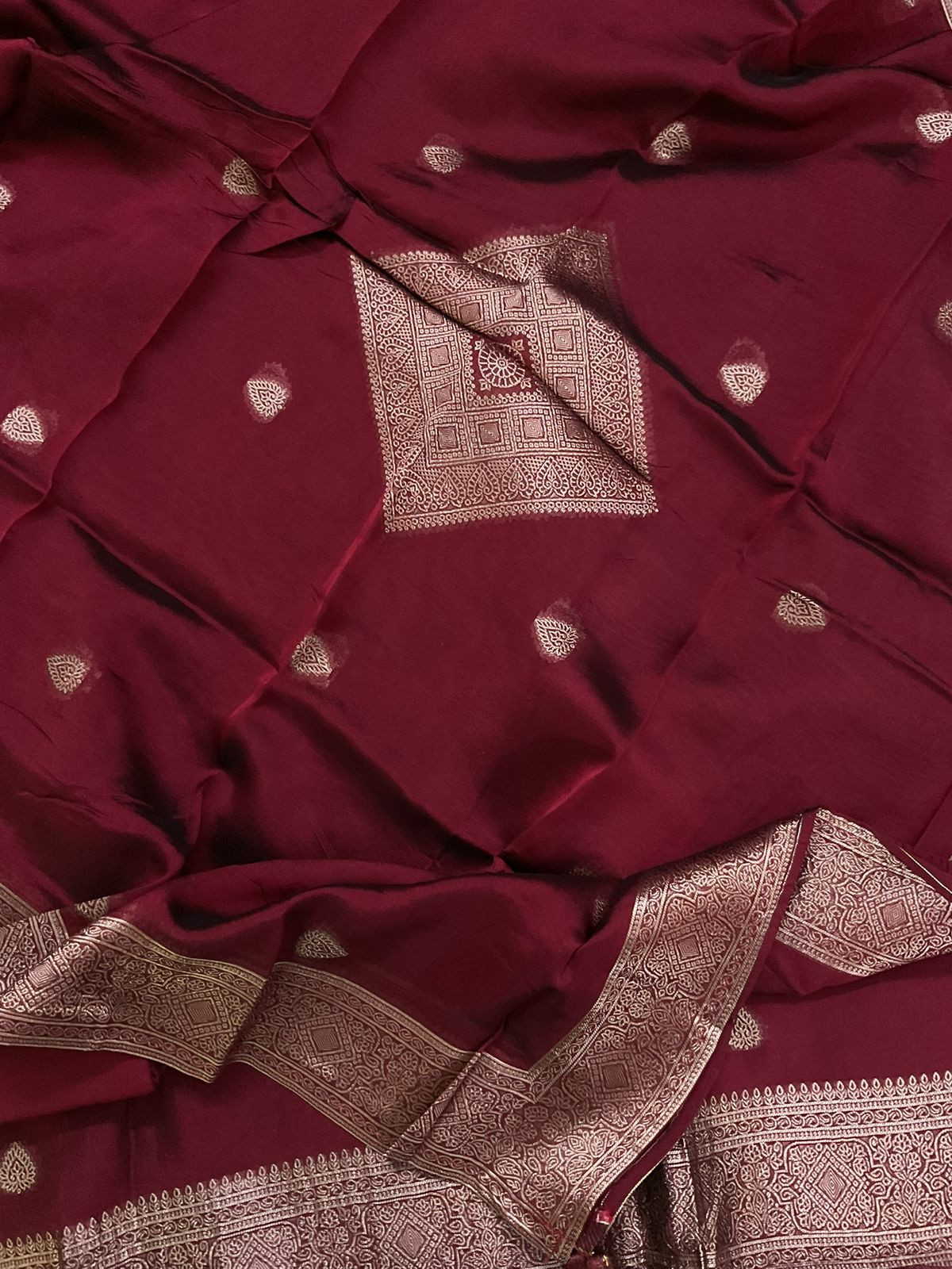 Soft Dola Silk Banarasi Weaved Embroidered Suit - Maroon