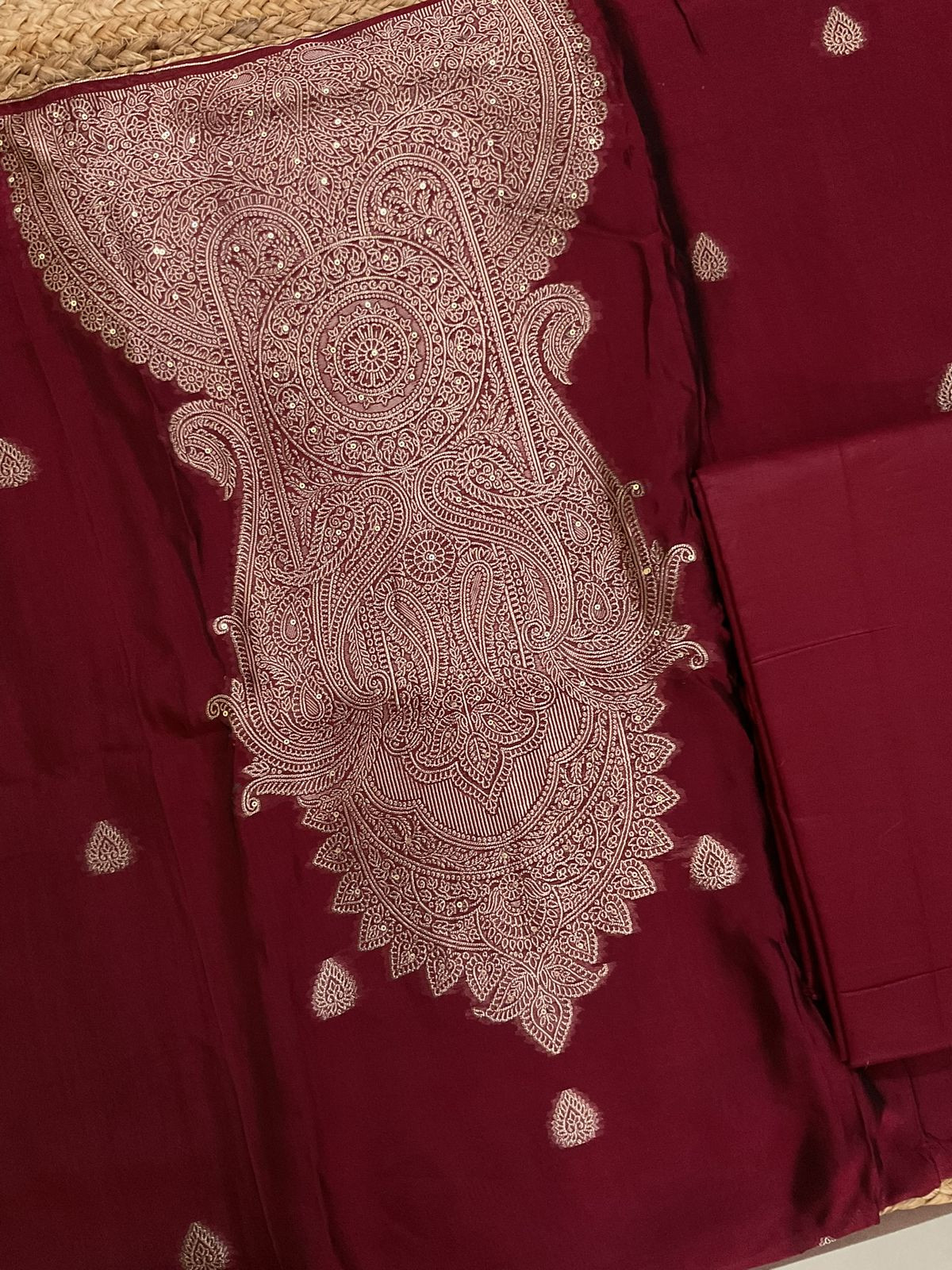 Soft Dola Silk Banarasi Weaved Embroidered Suit - Maroon