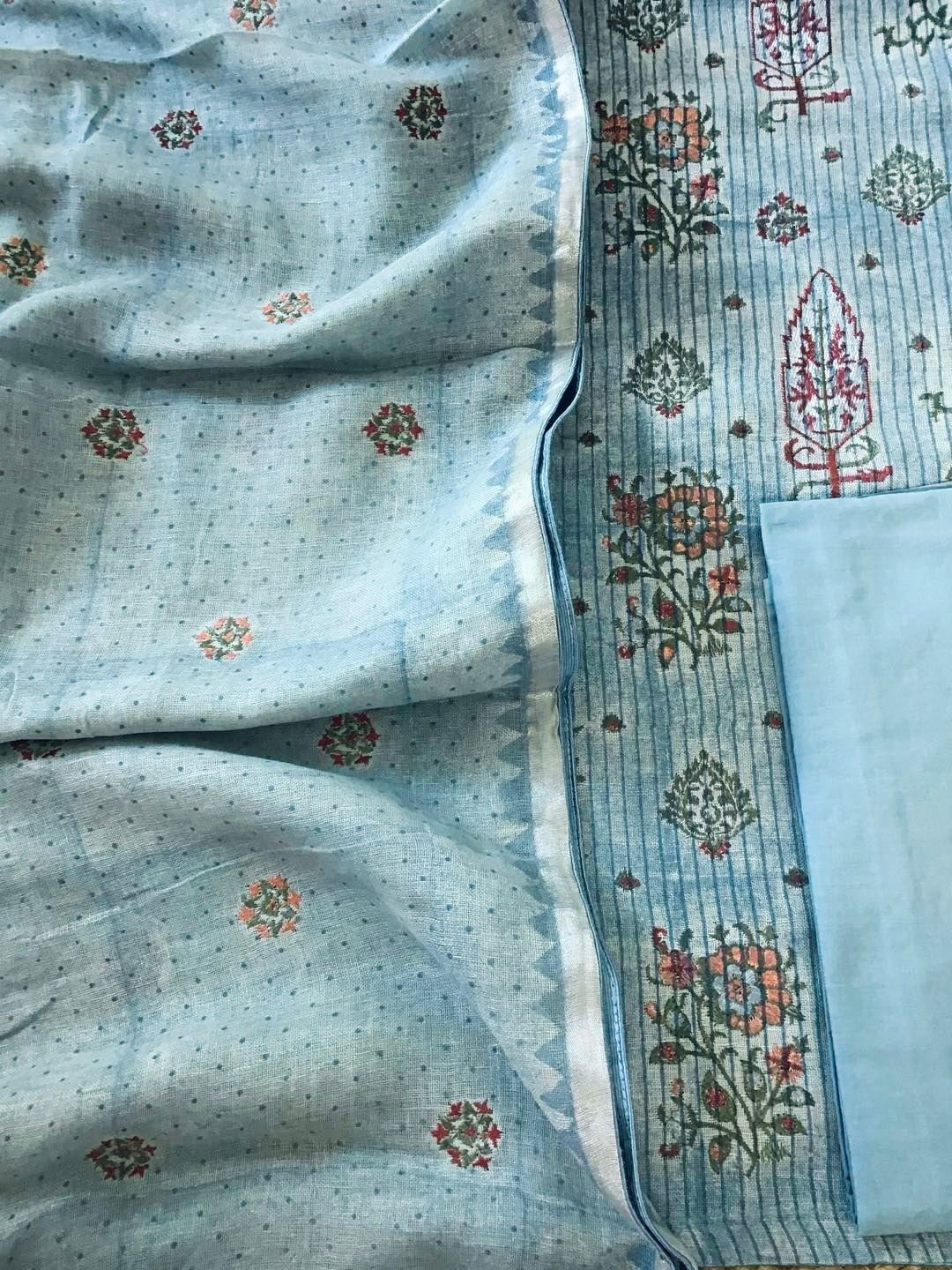 Pure Linen Jute Cotton Printed Embroidered Suit - Blue